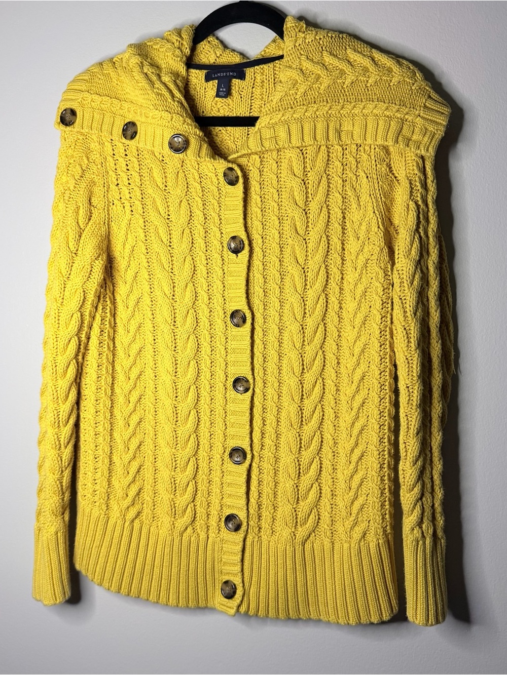 Lands' End Bright Golden Yellow Cable-Knit Hooded Button Cardigan